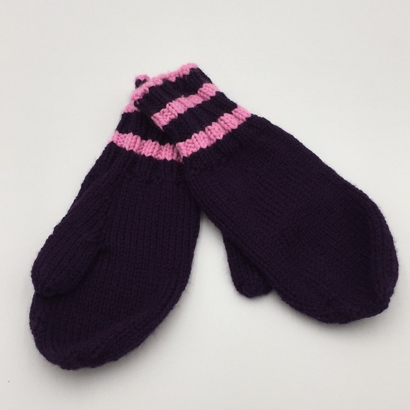 Hand Knit Girls Winter Hat + Pair of Mittens Purple & Pink Stripe - Picture 3 of 10